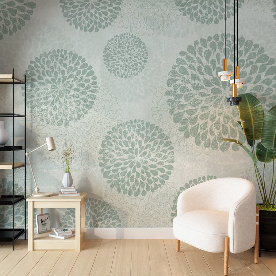Behang met cirkels en bloemen Behang met cirkels en bloemen