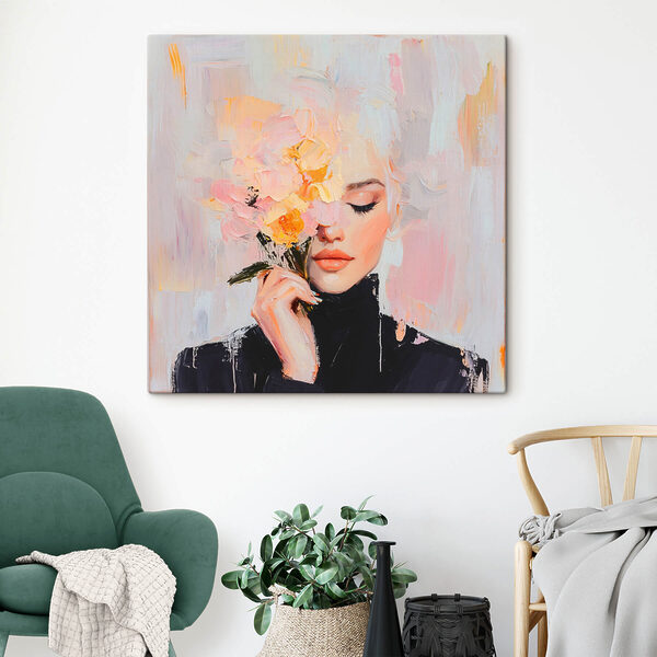 Schilderij van een vrouw met bloemen Schilderij van een vrouw met bloemen