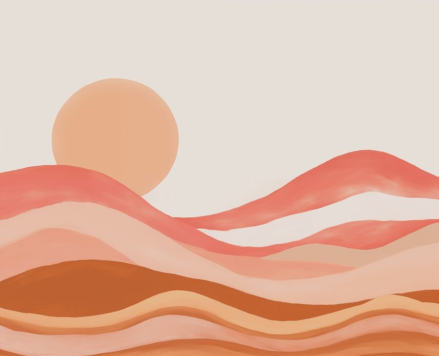 Schilderij van een woestijn met een zon