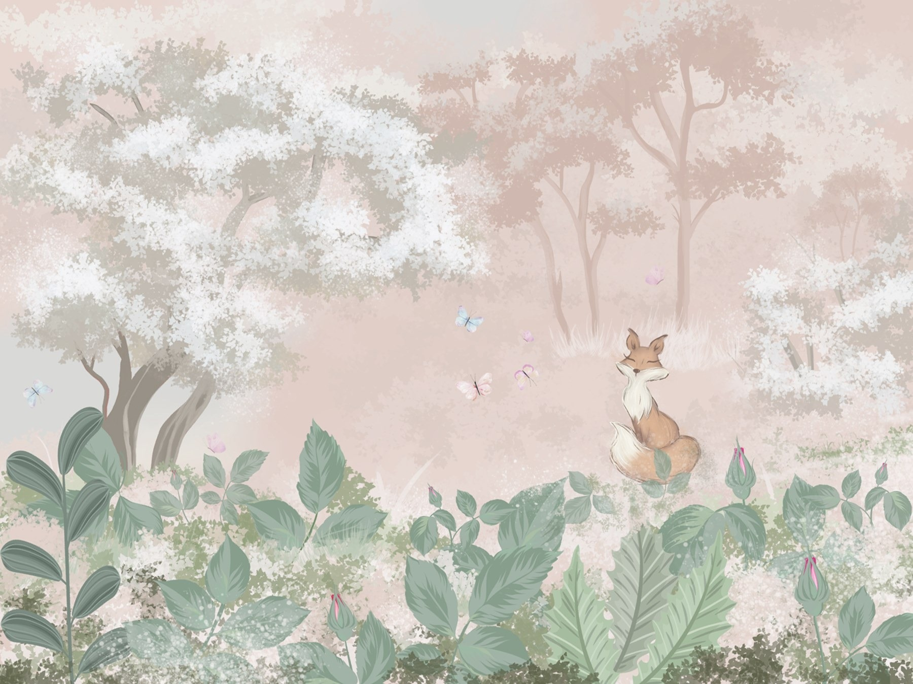 Fox and butterflies in a forest