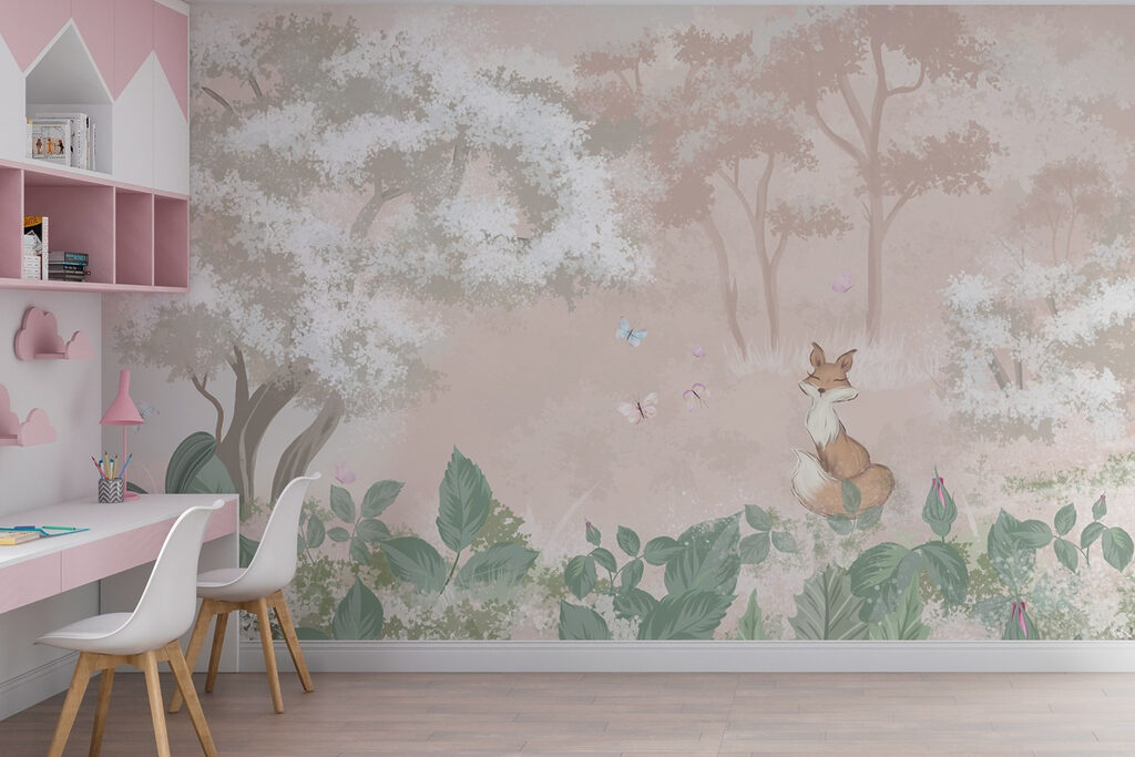 Fox and butterflies in a forest