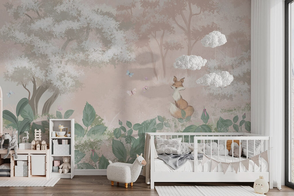 Fox and butterflies in a forest