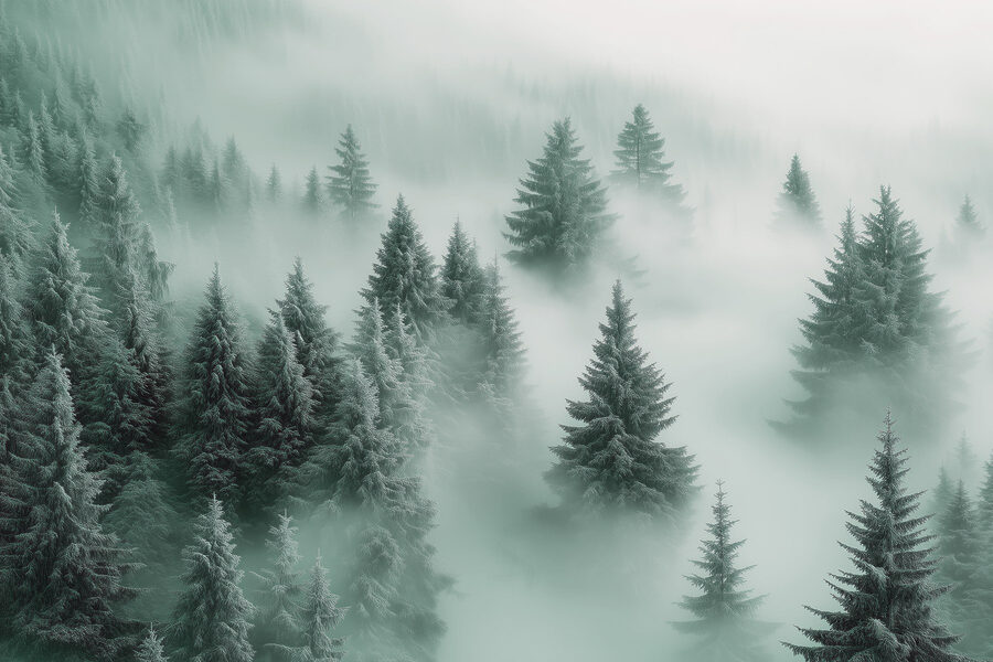 Groep bomen in de mist
