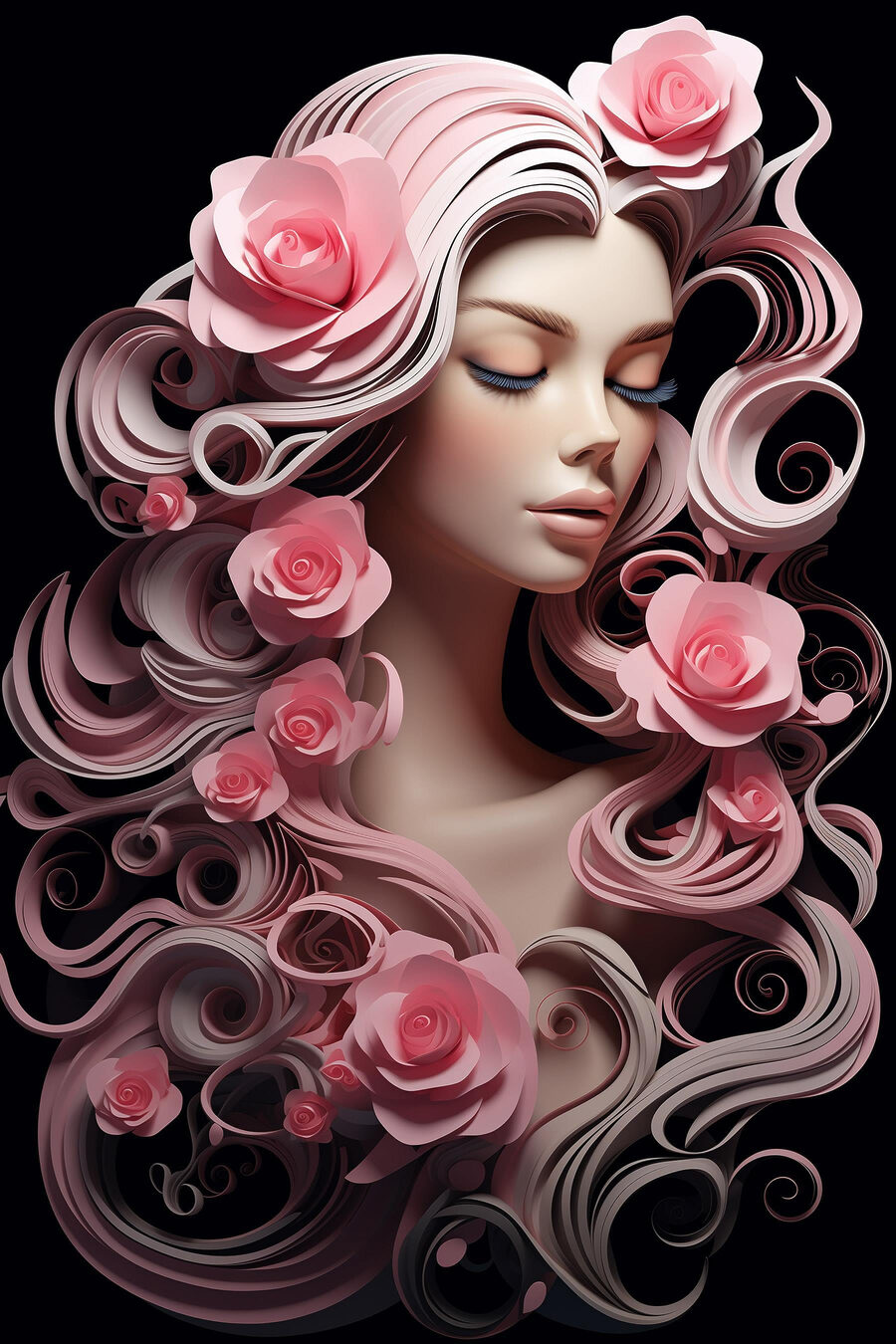 Vrouw met roze bloemen en lang haar Vrouw met roze bloemen en lang haar