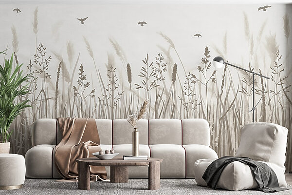 Grasveld met vliegende vogels Grasveld met vliegende vogels