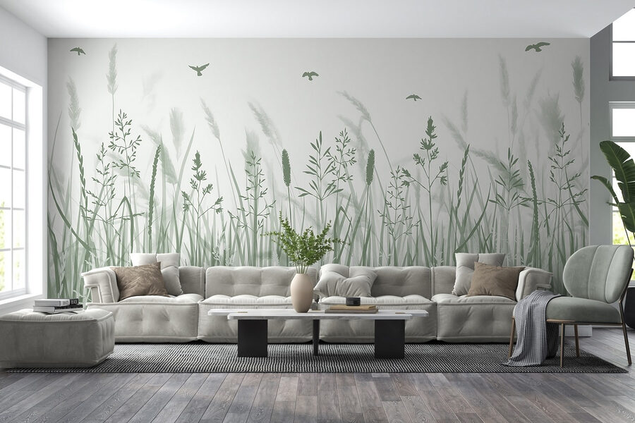 Grasveld met vliegende vogels Grasveld met vliegende vogels