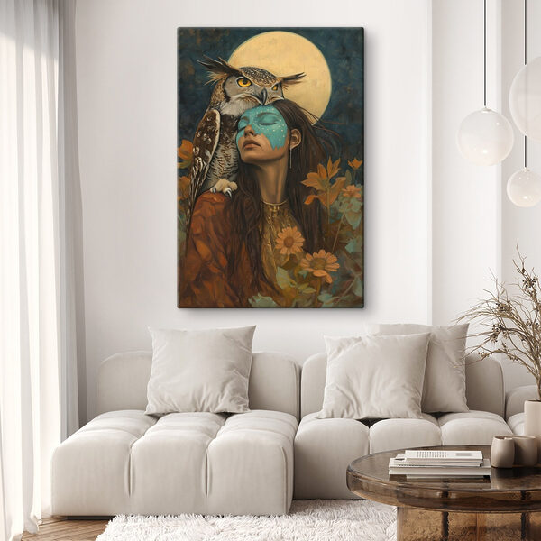 Schilderij van een vrouw met een uil op haar hoofd Schilderij van een vrouw met een uil op haar hoofd
