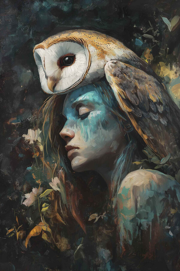 Schilderij van een vrouw met een uil op haar hoofd Schilderij van een vrouw met een uil op haar hoofd