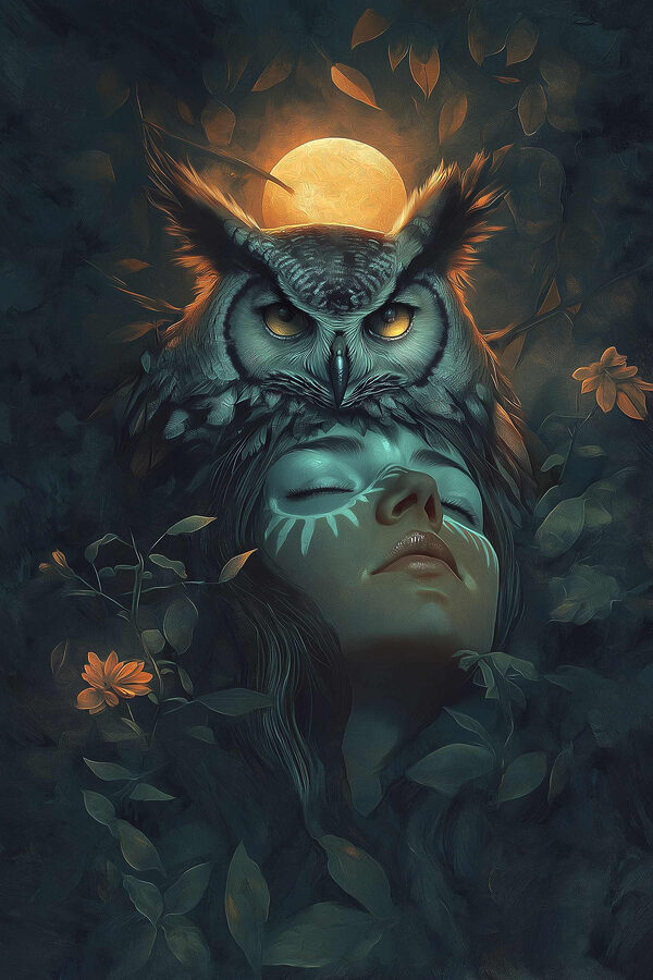 Woman with an owl on her head Woman with an owl on her head