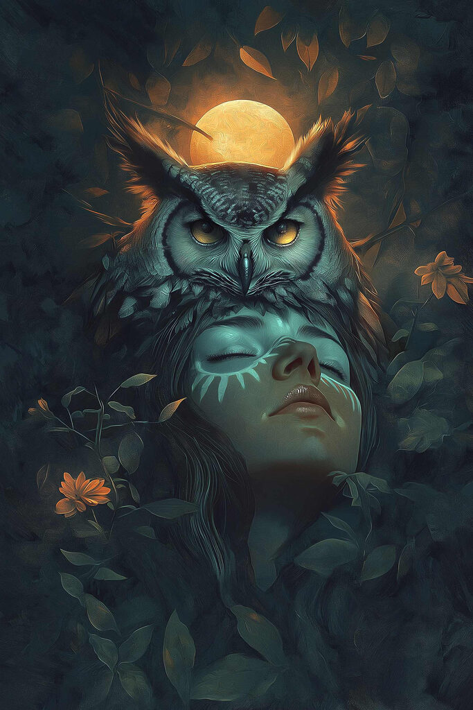 Woman with an owl on her head Woman with an owl on her head