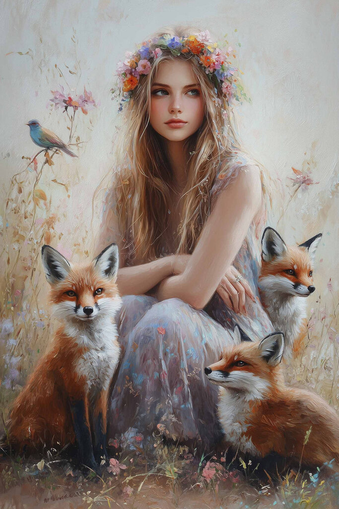 Painting of a woman with foxes