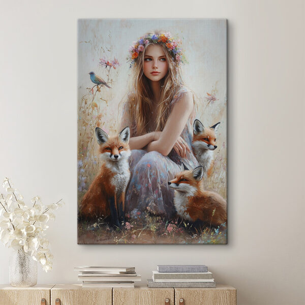 Schilderij van een vrouw met vossen Schilderij van een vrouw met vossen