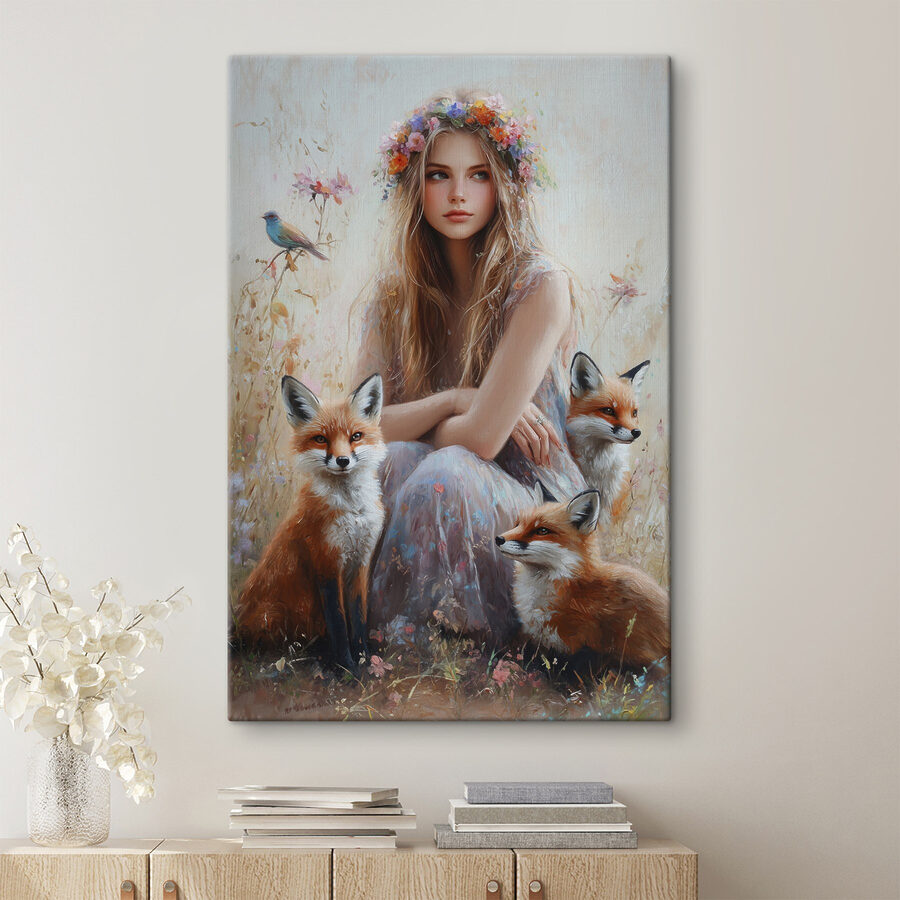 Schilderij van een vrouw met vossen