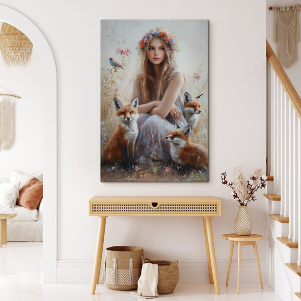 Schilderij van een vrouw met vossen Schilderij van een vrouw met vossen