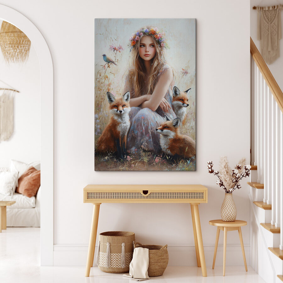 Schilderij van een vrouw met vossen