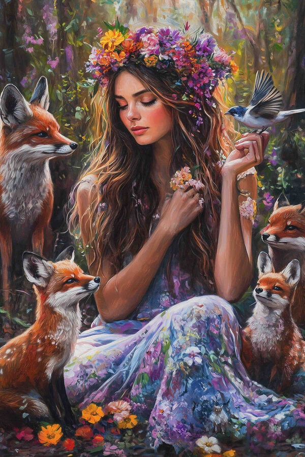 Schilderij van een vrouw met bloemen en vogels Schilderij van een vrouw met bloemen en vogels