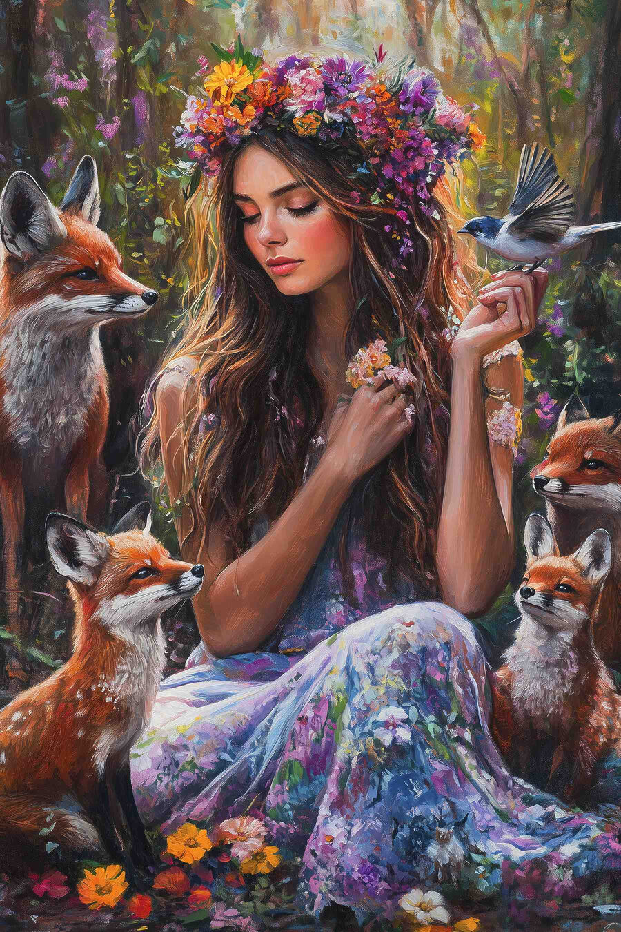 Schilderij van een vrouw met bloemen en vogels