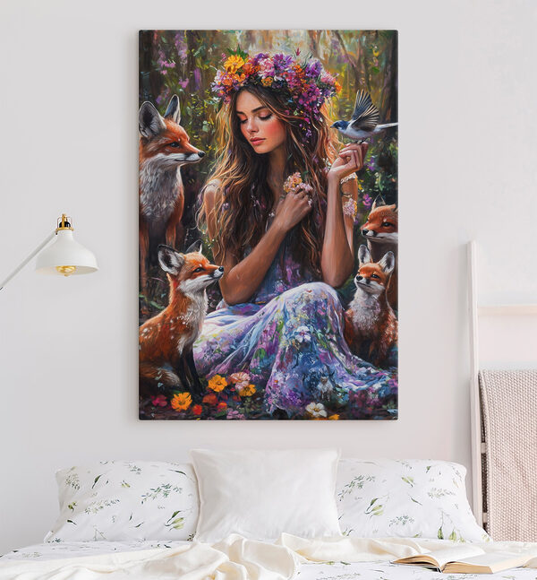 Schilderij van een vrouw met bloemen en vogels Schilderij van een vrouw met bloemen en vogels