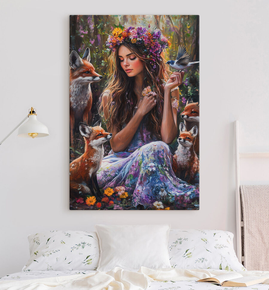 Schilderij van een vrouw met bloemen en vogels
