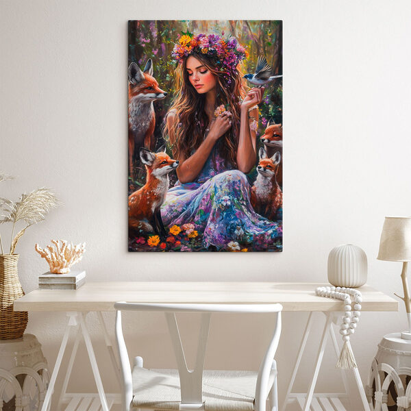 Schilderij van een vrouw met bloemen en vogels Schilderij van een vrouw met bloemen en vogels