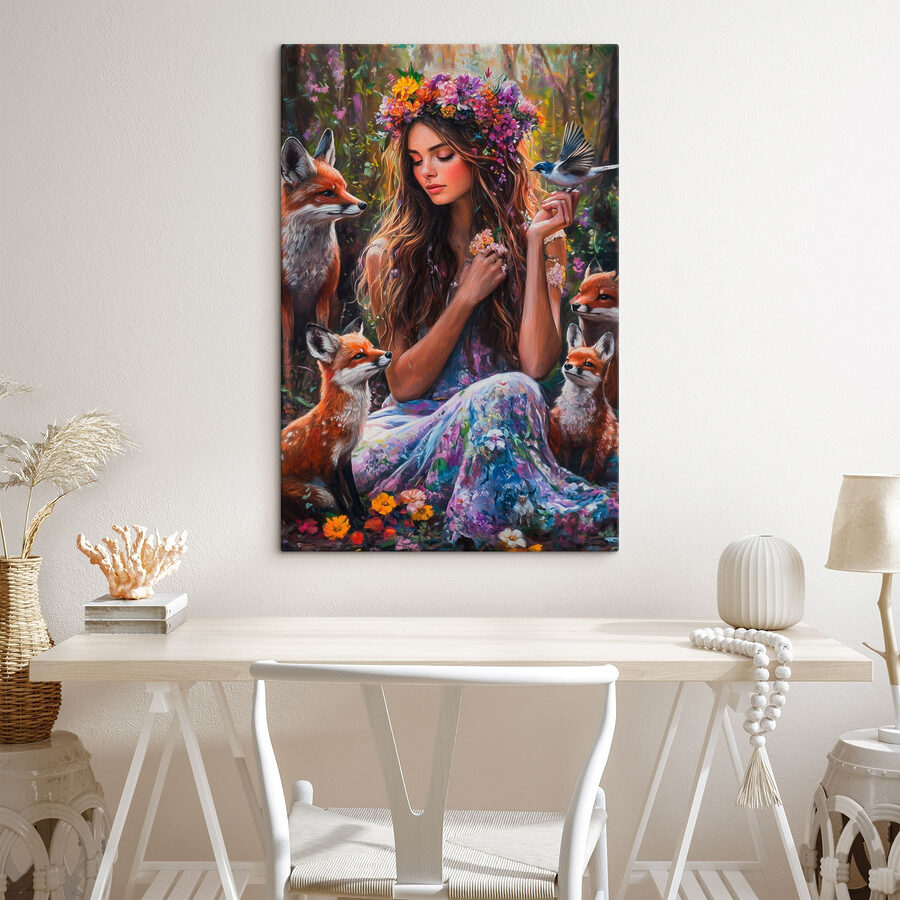 Schilderij van een vrouw met bloemen en vogels