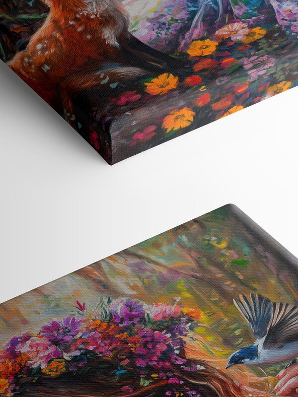 Schilderij van een vrouw met bloemen en vogels Schilderij van een vrouw met bloemen en vogels