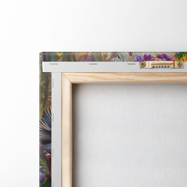 Schilderij van een vrouw met bloemen en vogels Schilderij van een vrouw met bloemen en vogels