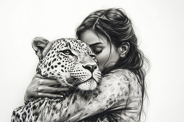 Tekening van een vrouw die een luipaard knuffelt Tekening van een vrouw die een luipaard knuffelt