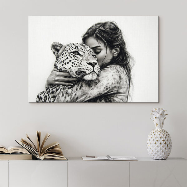 Tekening van een vrouw die een luipaard knuffelt Tekening van een vrouw die een luipaard knuffelt