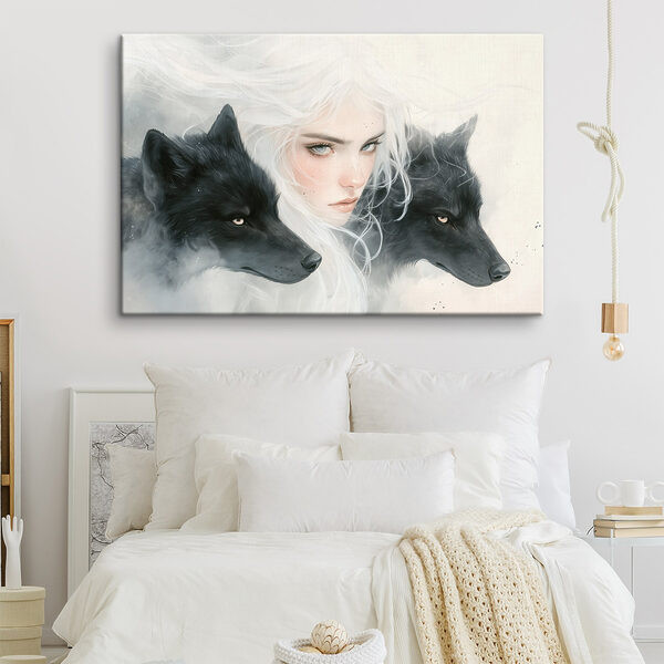 Vrouw met wit haar en twee wolven Vrouw met wit haar en twee wolven