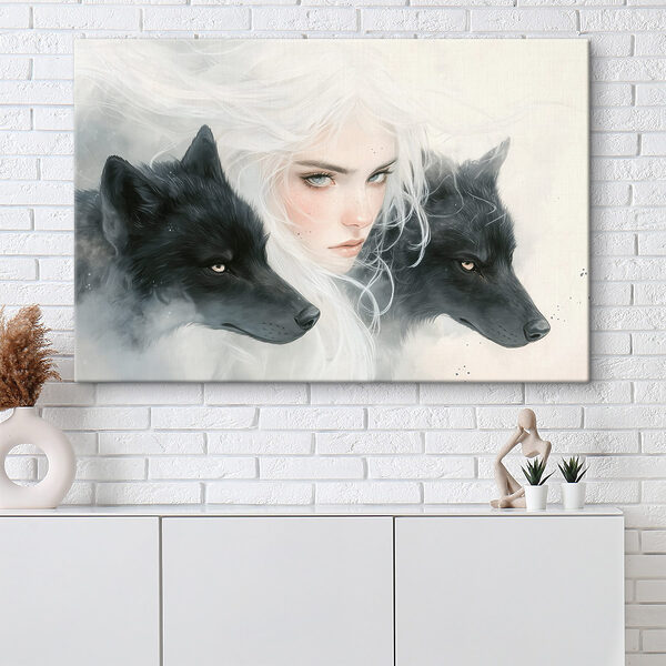 Vrouw met wit haar en twee wolven Vrouw met wit haar en twee wolven