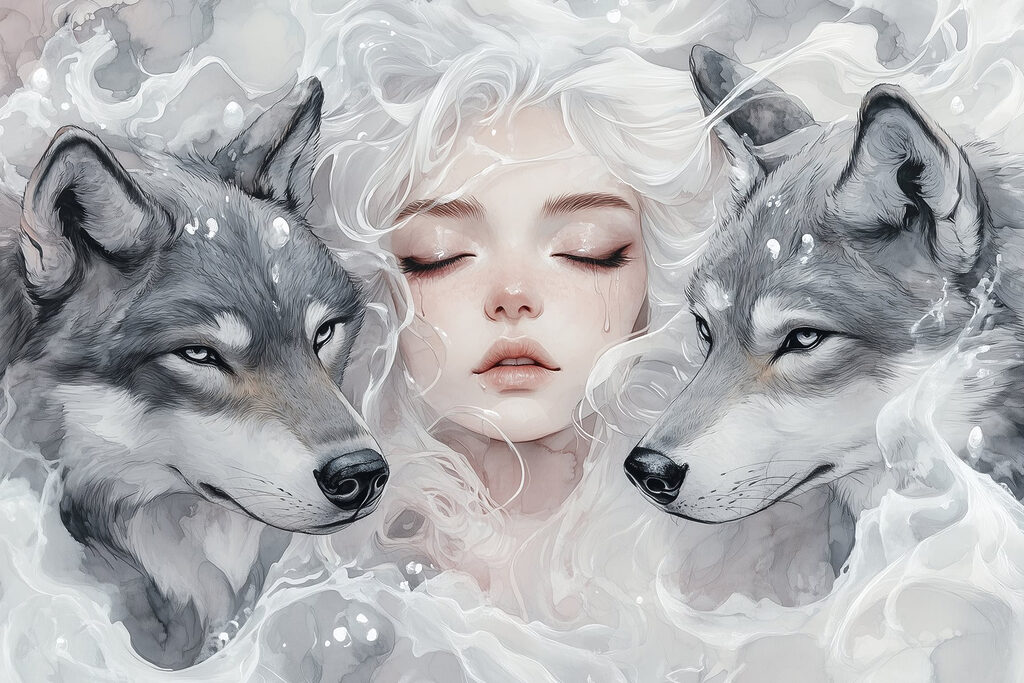 Woman with white hair and two wolves Woman with white hair and two wolves