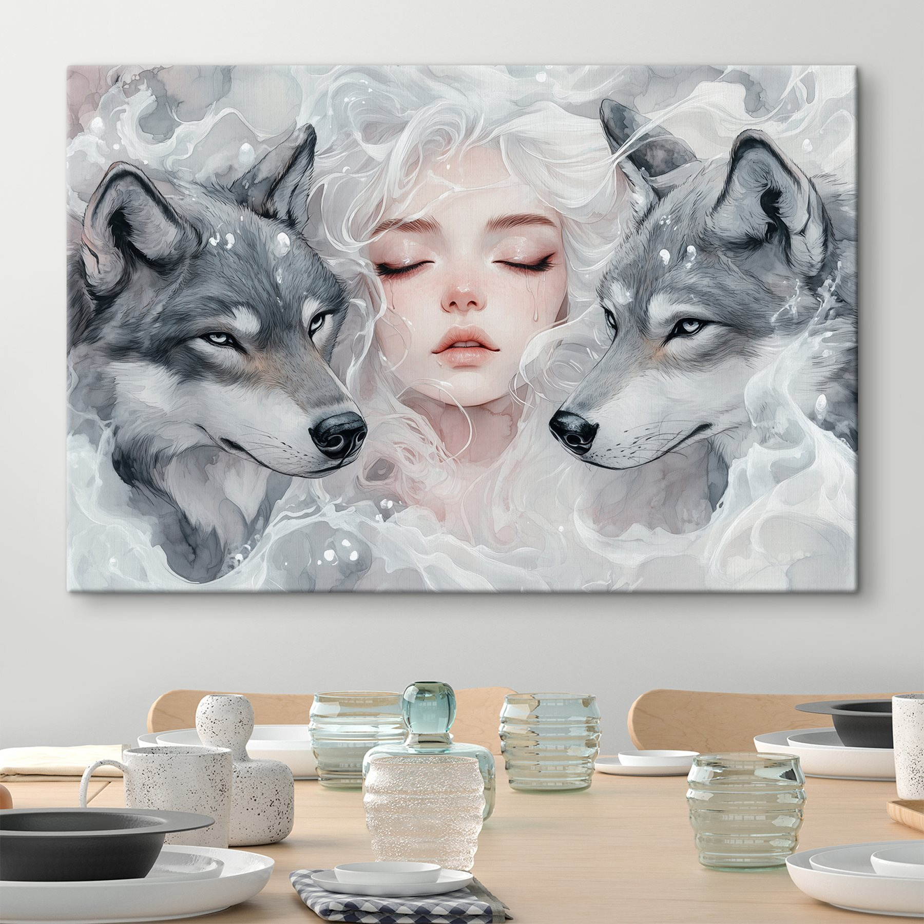 Woman with white hair and two wolves Woman with white hair and two wolves