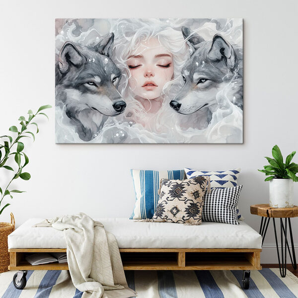 Vrouw met wit haar en twee wolven Vrouw met wit haar en twee wolven