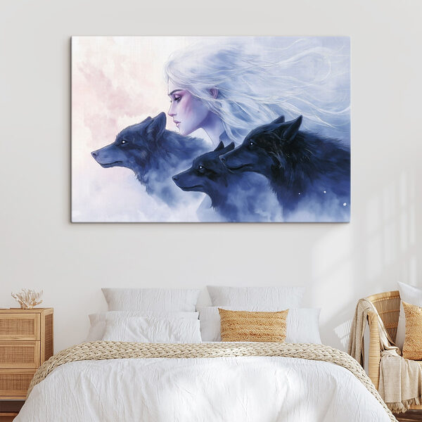 Vrouw met wit haar en wolven Vrouw met wit haar en wolven