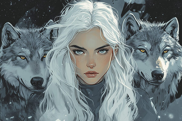 Vrouw met wit haar en een wolf achter haar Vrouw met wit haar en een wolf achter haar
