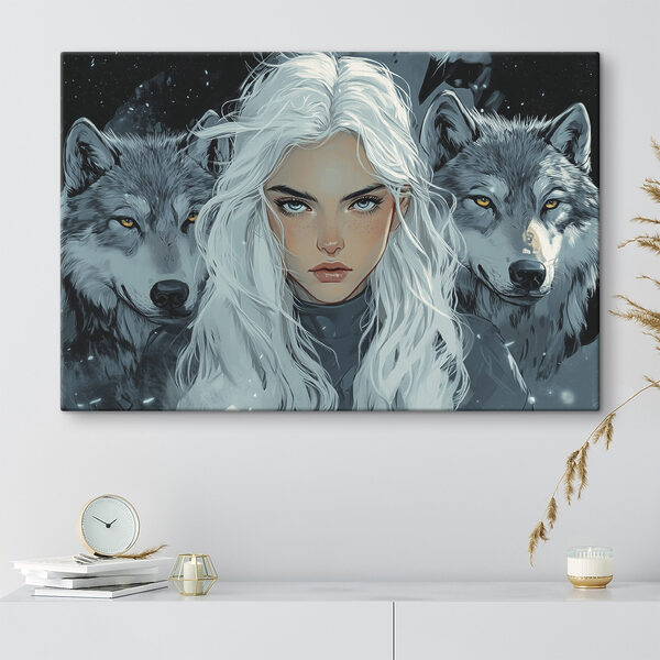 Vrouw met wit haar en een wolf achter haar Vrouw met wit haar en een wolf achter haar