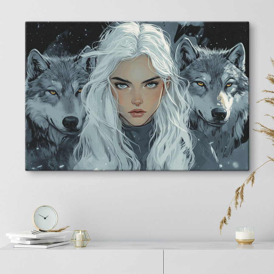 Vrouw met wit haar en een wolf achter haar