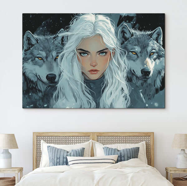Vrouw met wit haar en een wolf achter haar Vrouw met wit haar en een wolf achter haar