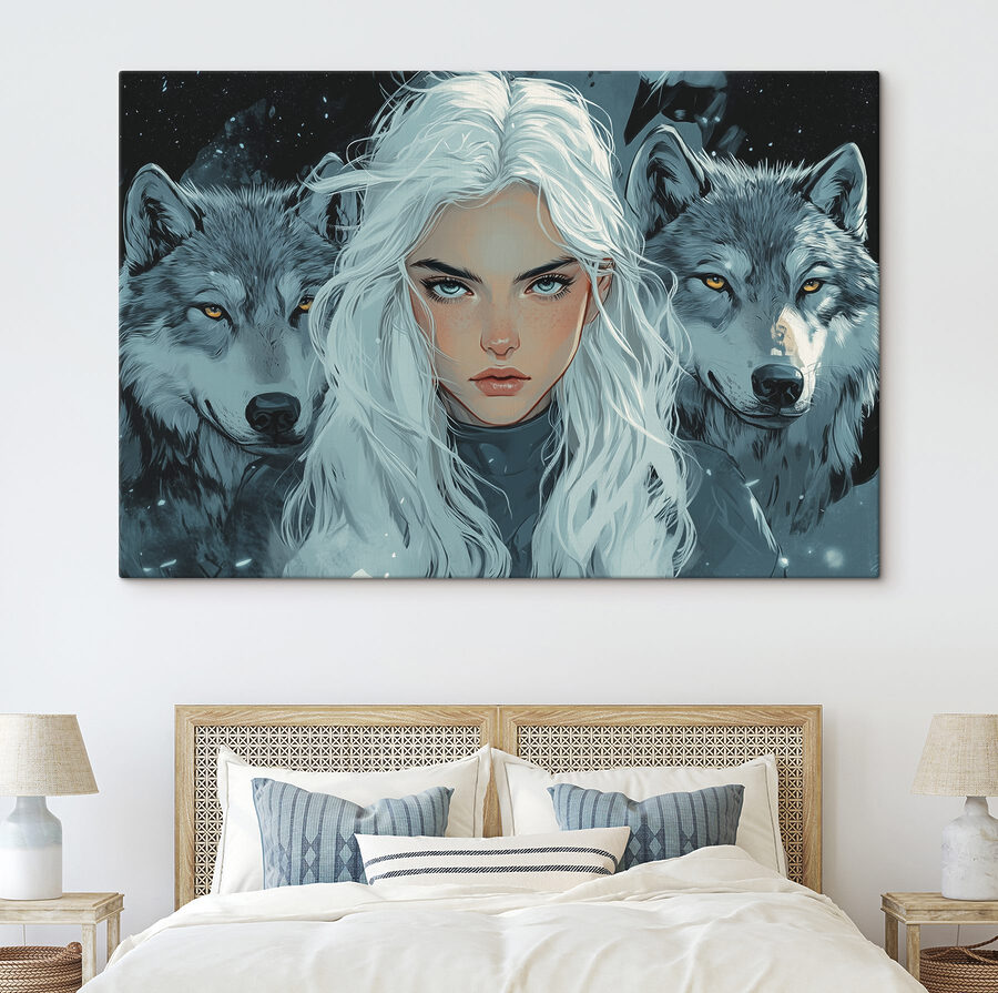 Vrouw met wit haar en een wolf achter haar