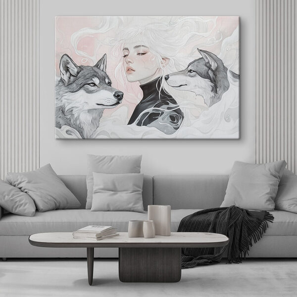 Vrouw met wit haar en twee wolven Vrouw met wit haar en twee wolven