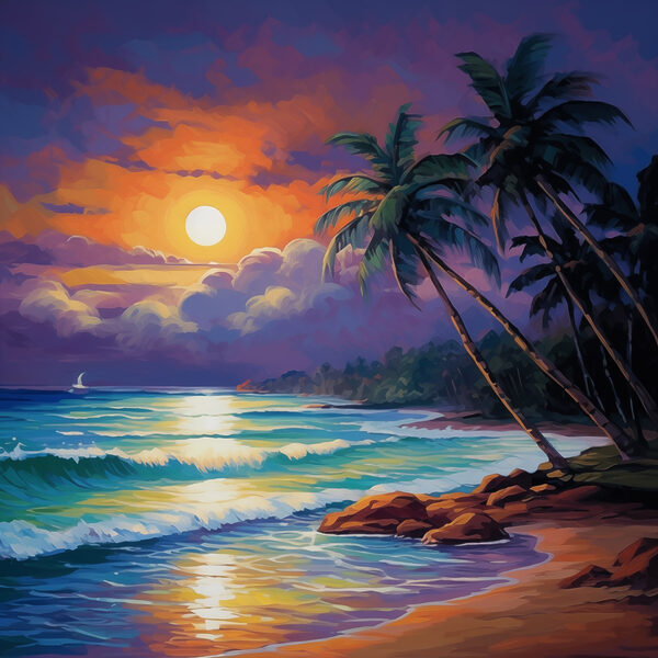 Schilderij van een strand met palmbomen en golven Schilderij van een strand met palmbomen en golven