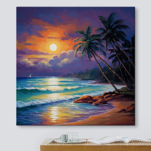 Schilderij van een strand met palmbomen en golven Schilderij van een strand met palmbomen en golven
