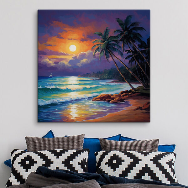 Schilderij van een strand met palmbomen en golven Schilderij van een strand met palmbomen en golven