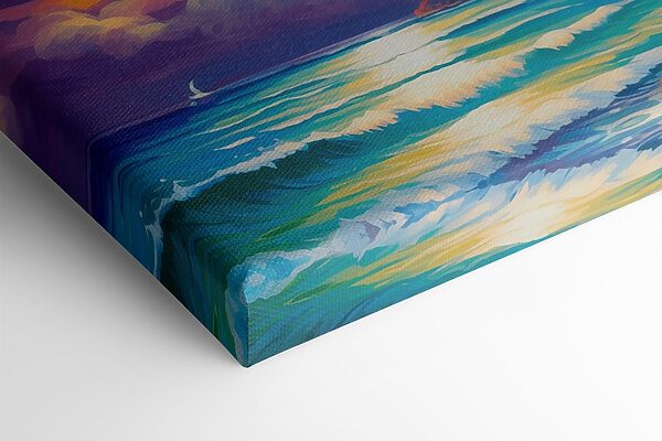 Schilderij van een strand met palmbomen en golven Schilderij van een strand met palmbomen en golven
