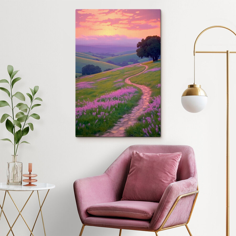 Pad door een veld met paarse bloemen