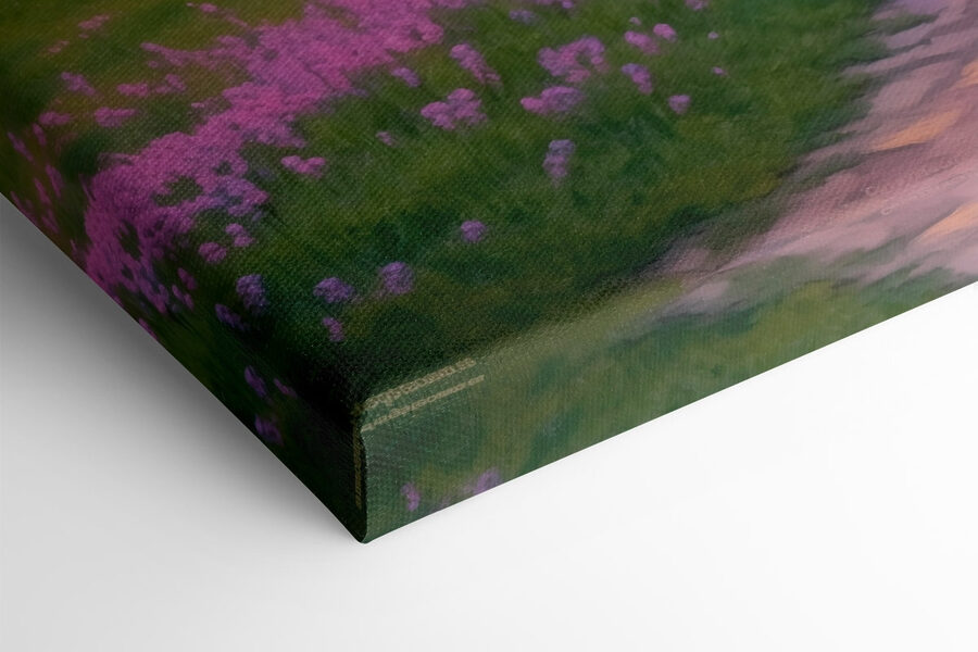 Pad door een veld met paarse bloemen