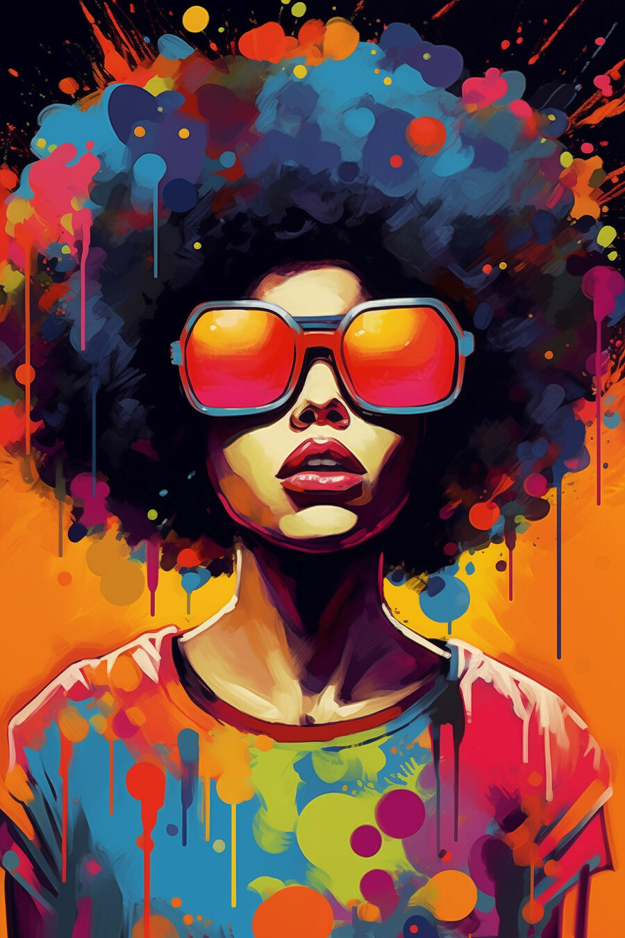 Vrouw met grote afro die zonnebril draagt