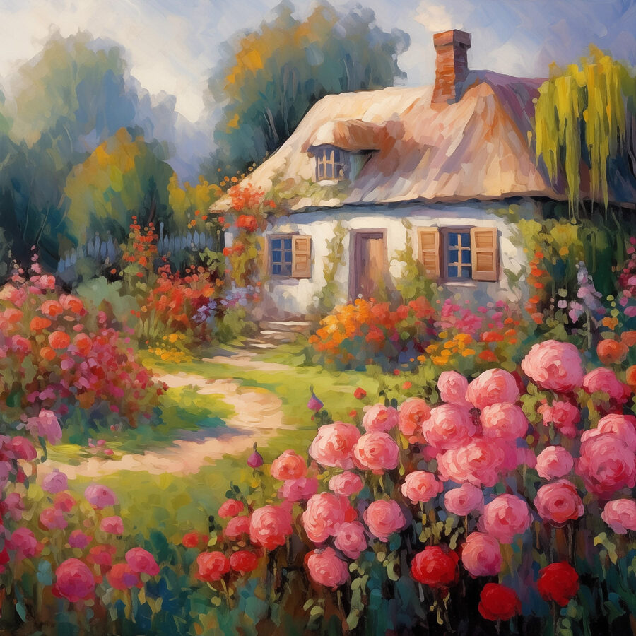 Schilderij van een huis met bloemen Schilderij van een huis met bloemen