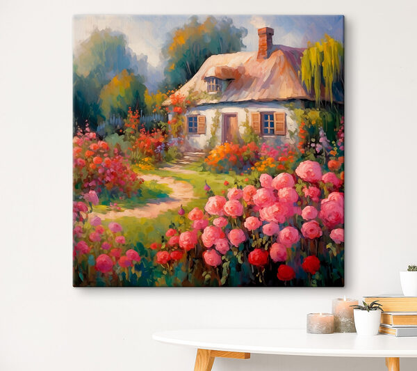 Schilderij van een huis met bloemen Schilderij van een huis met bloemen